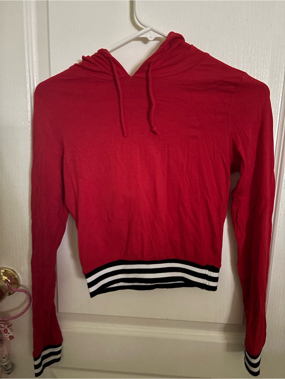 Red Hooded Crop Top with Black & White Striped Hem